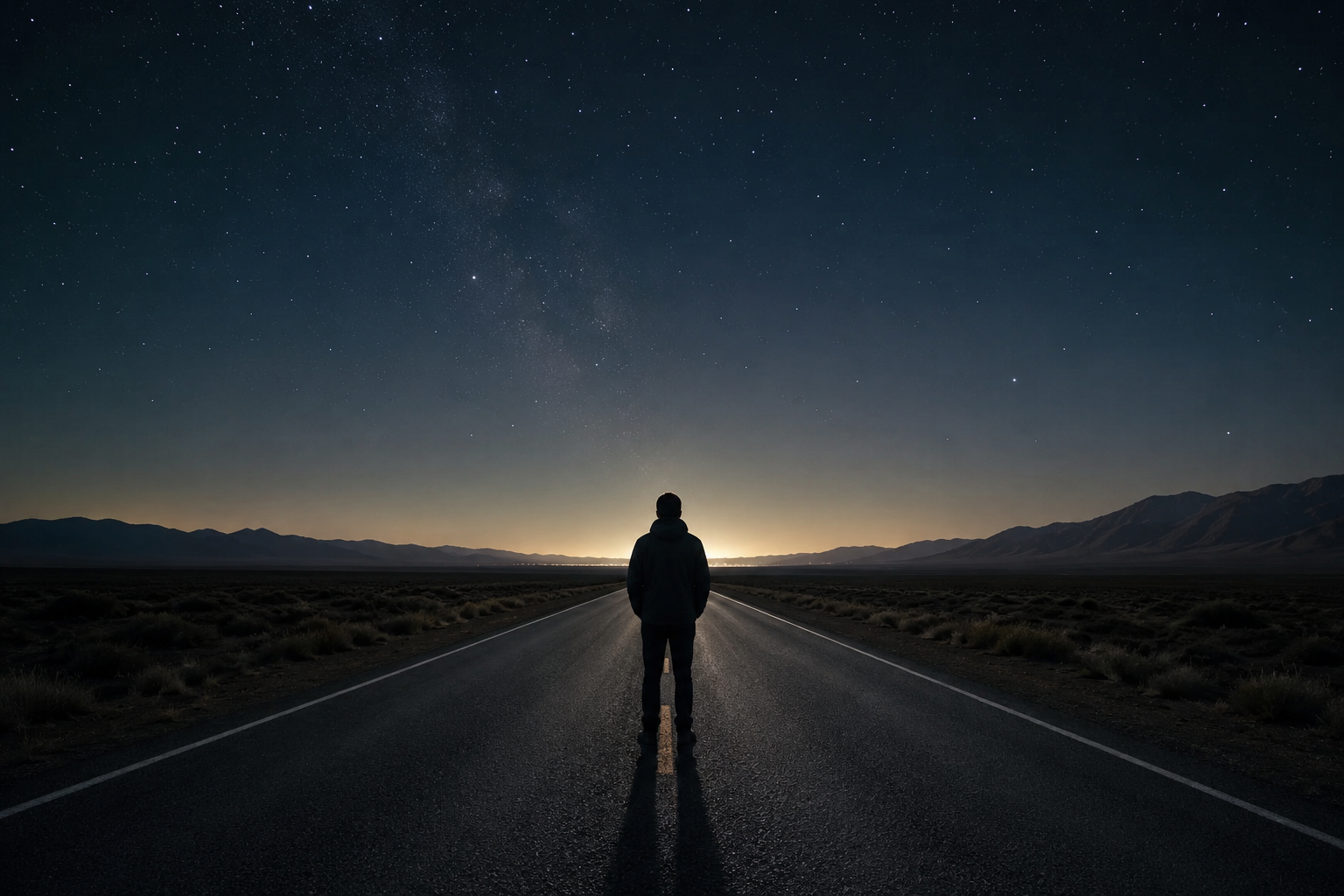Persona de espaldas en una carretera nocturna bajo un cielo estrellado, mirando hacia un horizonte iluminado que simboliza perseverancia tras una derrota