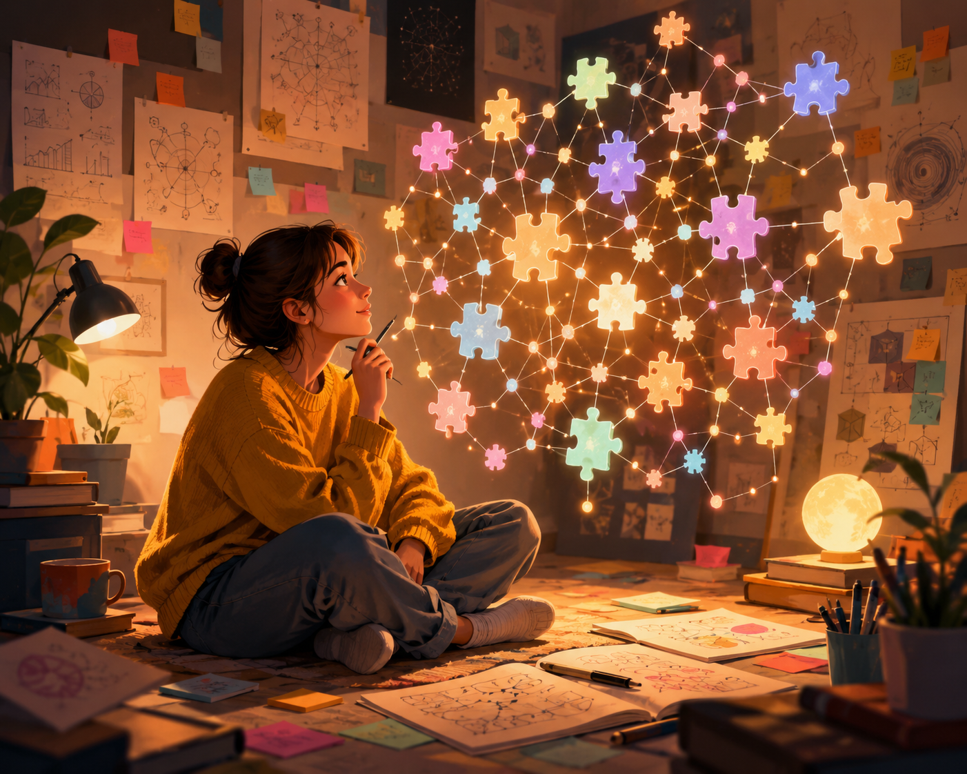 Ilustración de una persona analizando un problema representado como piezas de puzzle conectadas, con diagramas y notas en un estudio creativo